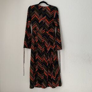 Lulus Martini Moment Midi Wrap Dress S Olive Orange‎ Long Sleeve Chevron Preppy